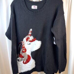 NWT Girls Justice Black Long Sleeve 18 PLus Sweater w/Unicorn Sequin Decoration